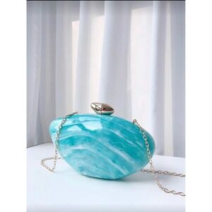 Turquoise Marble Acrylic Evening Clutch Bag Gold Chain Strap Hard Shell Purse